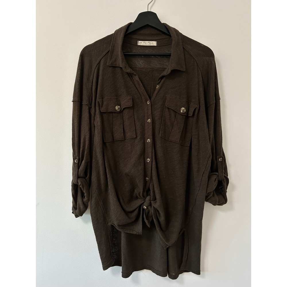 Free People We The Free Brown Penelope Linen Blend Roll Tab Button Down Shirt S